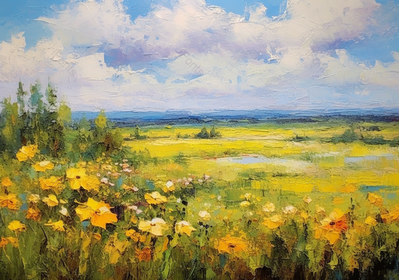 黄色野花丛田野小路夏日蓝天田园风格自然油画,插画/手绘图,插画/手绘图库,插画/手绘图下载,插画/手绘